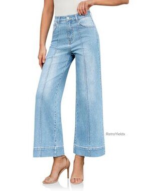 High Waisted Wide Leg Cropped Stretch Denim Jeans